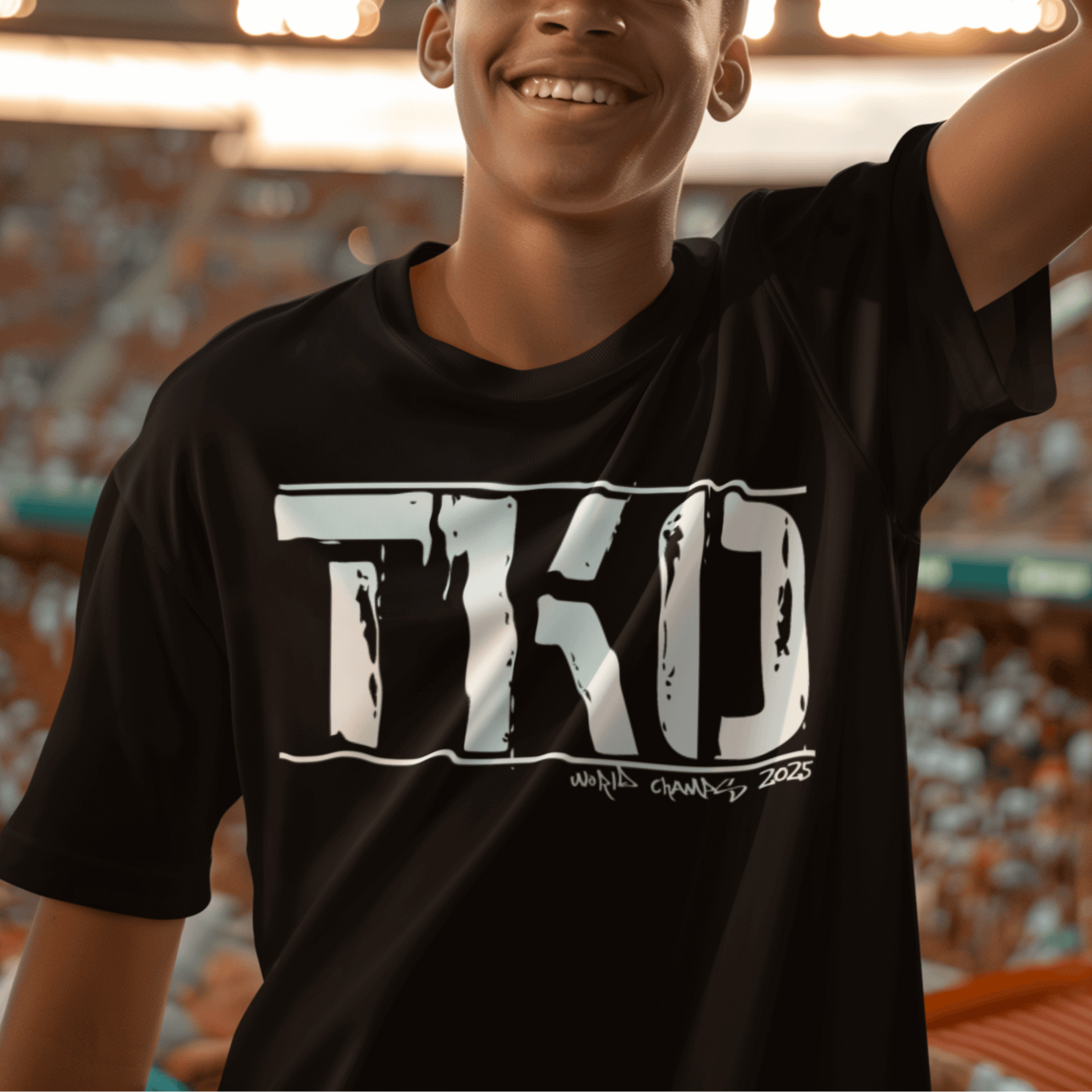 Child wearing youth typography t-shirt with bold “TKO” fight-inspired design, casual sports tee by LostLogicCo Canada