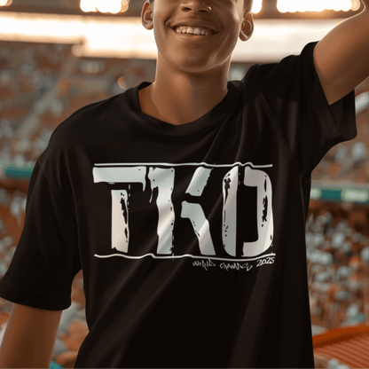 Child wearing youth typography t-shirt with bold “TKO” fight-inspired design, casual sports tee by LostLogicCo Canada