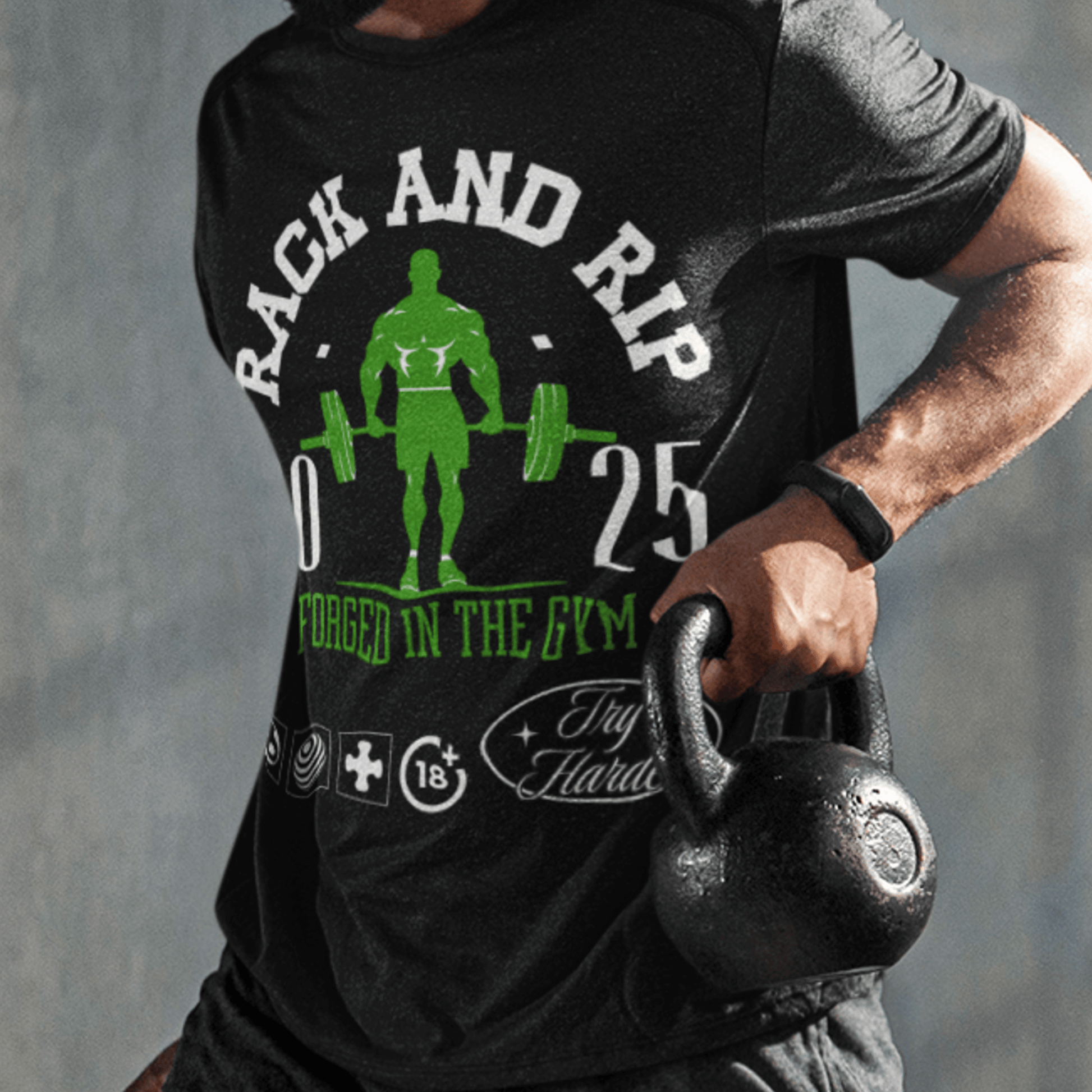 Model wearing “RACK AND RIP Forged in the Gym” unisex DryBlend fitness t-shirt with bold green weightlifter print by LostLogicCo Canada