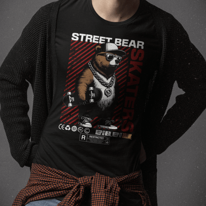 Model wearing “Street Bear Skaters” unisex t-shirt featuring stylish bear illustration and bold red design, streetwear tee by LostLogicCo Canada