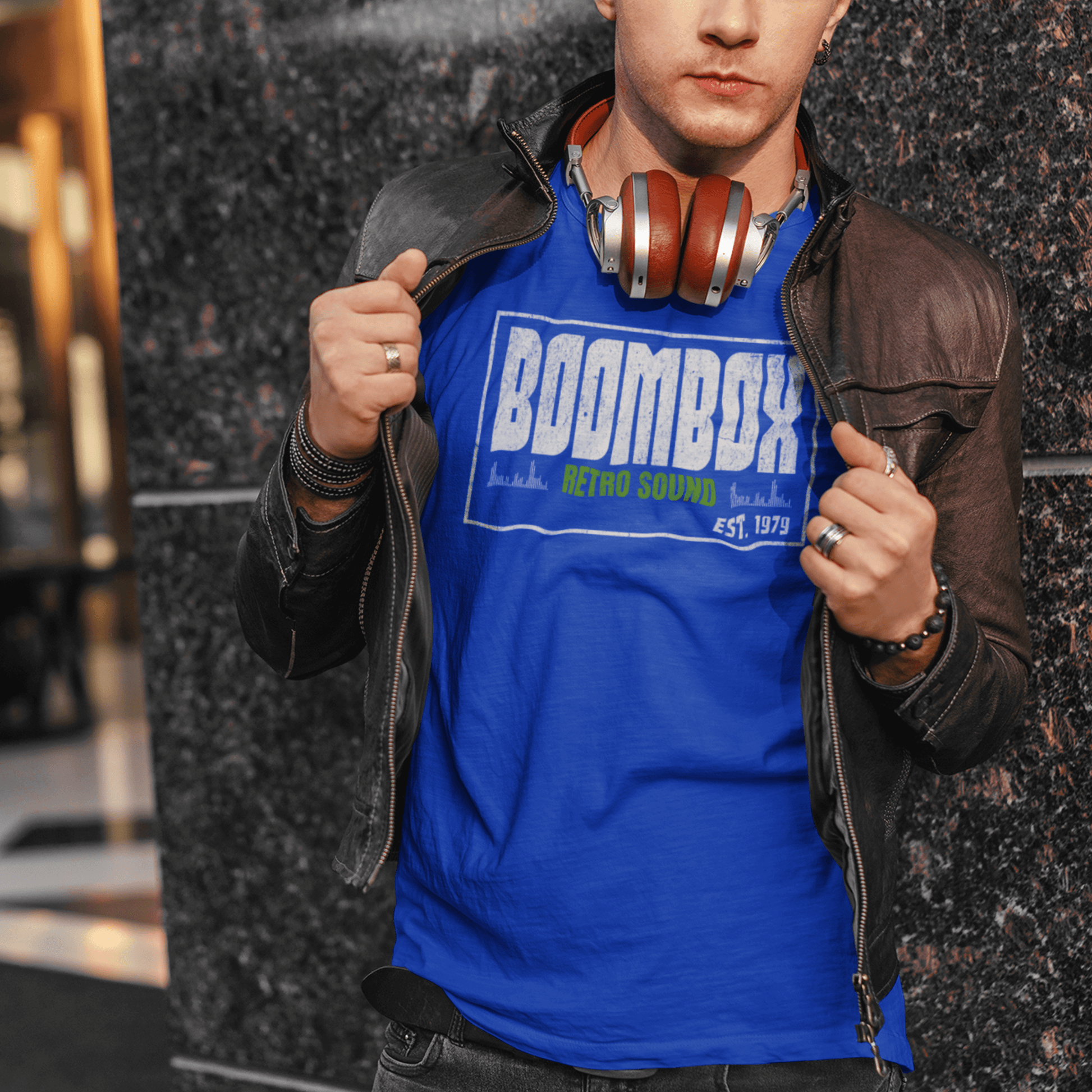 Model wearing unisex graphic t-shirt with “Boombox Retro Sound” design, casual short sleeve cotton tee by LostLogicCo Canada