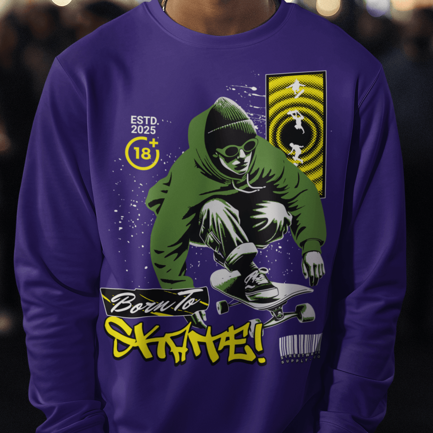 Model wearing “Born To Skate” unisex sweatshirt with green and yellow streetwear skateboard design, cozy crewneck by LostLogicCo Canada