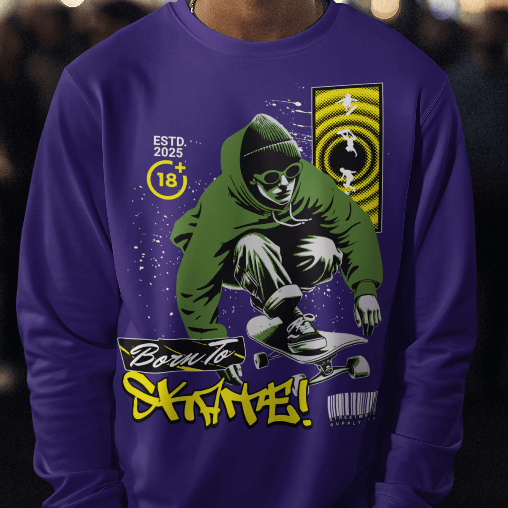 Model wearing “Born To Skate” unisex sweatshirt with green and yellow streetwear skateboard design, cozy crewneck by LostLogicCo Canada