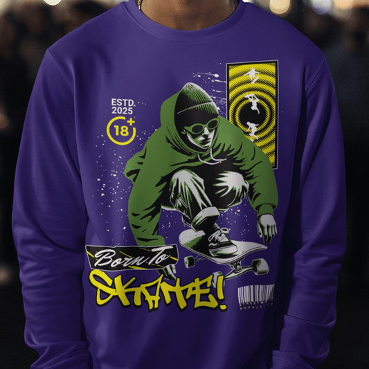 Model wearing “Born To Skate” unisex sweatshirt with green and yellow streetwear skateboard design, cozy crewneck by LostLogicCo Canada