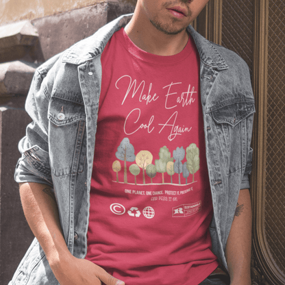 Model wearing “Make Earth Cool Again” unisex t-shirt featuring tree artwork and environmental message, soft cotton tee by LostLogicCo Canada