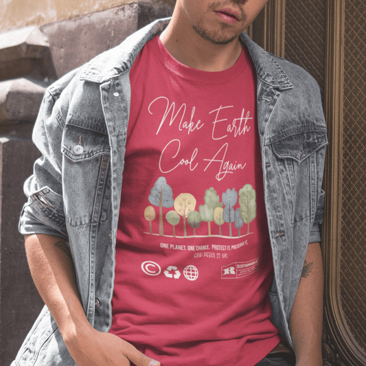 Model wearing “Make Earth Cool Again” unisex t-shirt featuring tree artwork and environmental message, soft cotton tee by LostLogicCo Canada