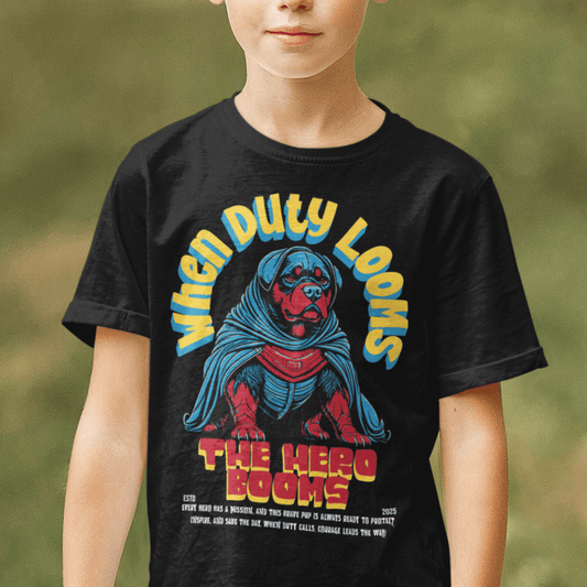 Child wearing youth “When Duty Looms” superhero dog graphic t-shirt, casual sports tee by LostLogicCo Canada