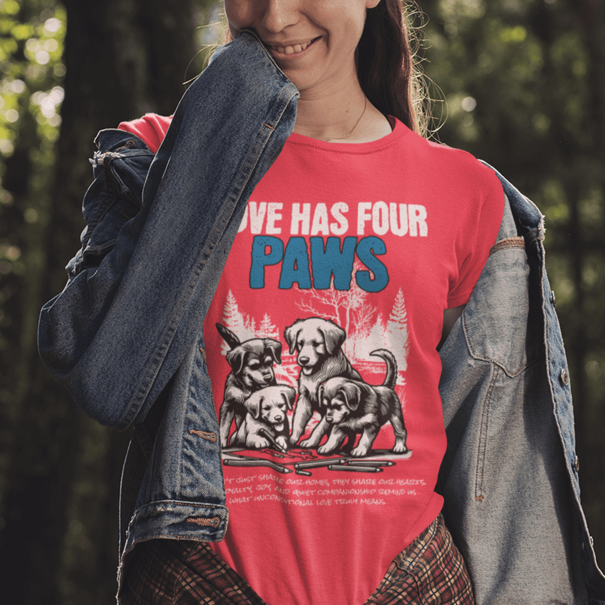 Model wearing “Love Has Four Paws” unisex t-shirt with dog illustration and pet love message, soft cotton tee by LostLogicCo Canada