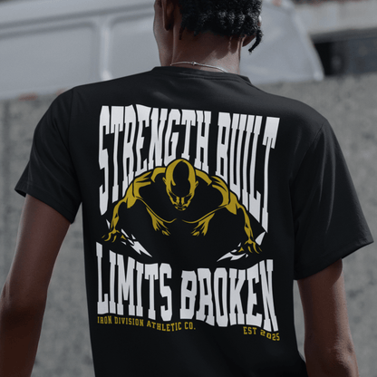 Model showing back design “Strength Built Limits Broken” on black unisex t-shirt, motivational gym tee by LostLogicCo Canada