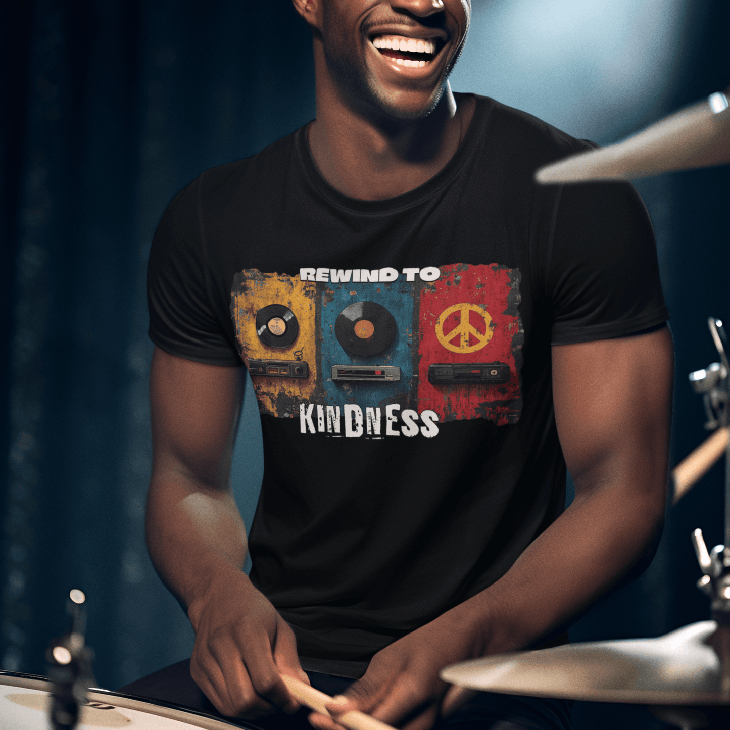 Model wearing unisex graphic t-shirt with “Rewind to Kindness” retro music design, casual cotton tee by LostLogicCo Canada