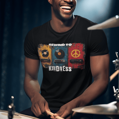 Model wearing unisex graphic t-shirt with “Rewind to Kindness” retro music design, casual cotton tee by LostLogicCo Canada