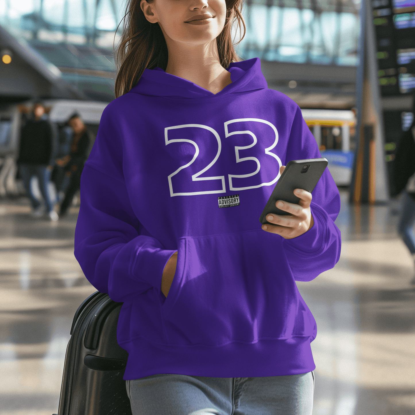 Female Model wearing purple hoodie with outlined “23” numeric graphic, minimal streetwear design by LostLogicCo Canada