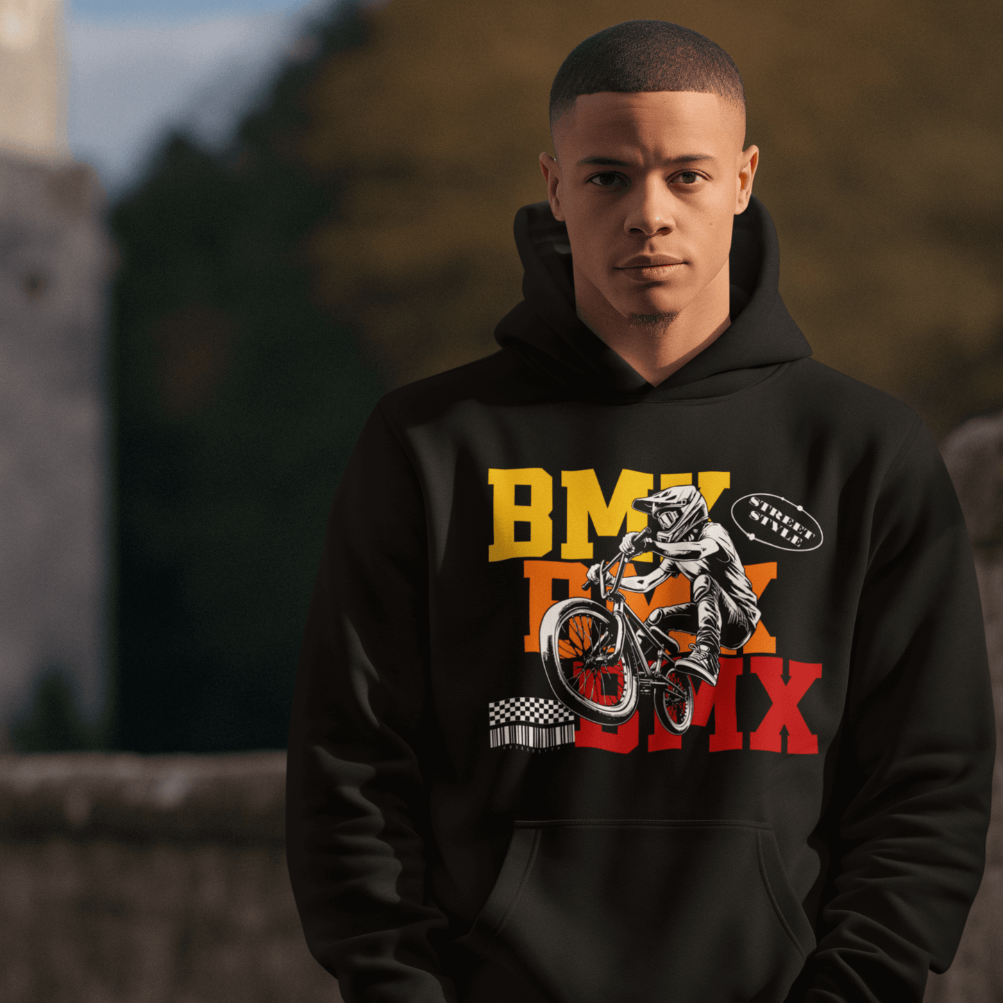 Model wearing BMX stunt graphic hoodie featuring bold colors and dynamic bike action, unisex streetwear by LostLogicCo Canada