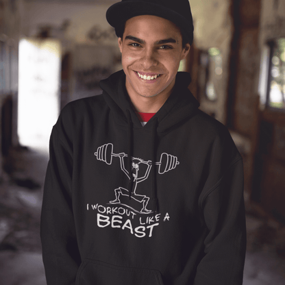 Model wearing black hoodie featuring weightlifter illustration and “I Workout Like a Beast” typography, unisex fitness streetwear by LostLogicCo Canada