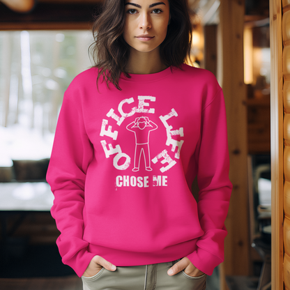 Model wearing pink crew neck sweatshirt featuring “Office Life Chose Me” office humor text, unisex workwear style by LostLogicCo Canada