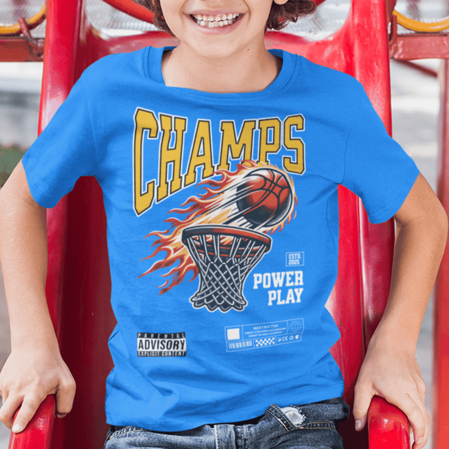 Child wearing “Champs Power Play” basketball kids t-shirt, sporty youth moisture-wicking tee by LostLogicCo Canada