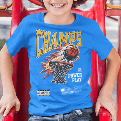 Child wearing “Champs Power Play” basketball kids t-shirt, sporty youth moisture-wicking tee by LostLogicCo Canada