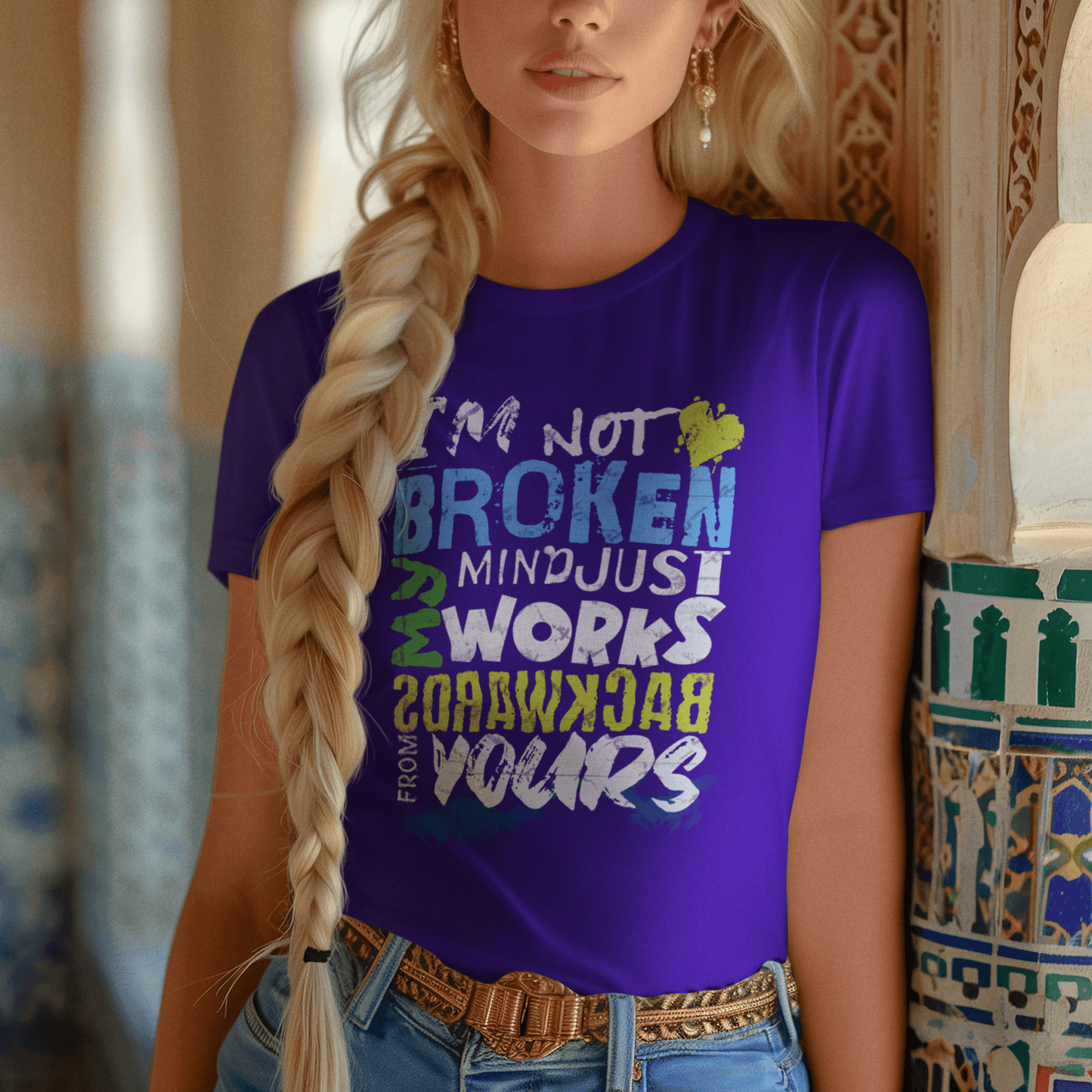 Model wearing unisex typography t-shirt with “I’m Not Broken My Mind Works Backwards From Yours” design, casual softstyle cotton tee by LostLogicCo Canada