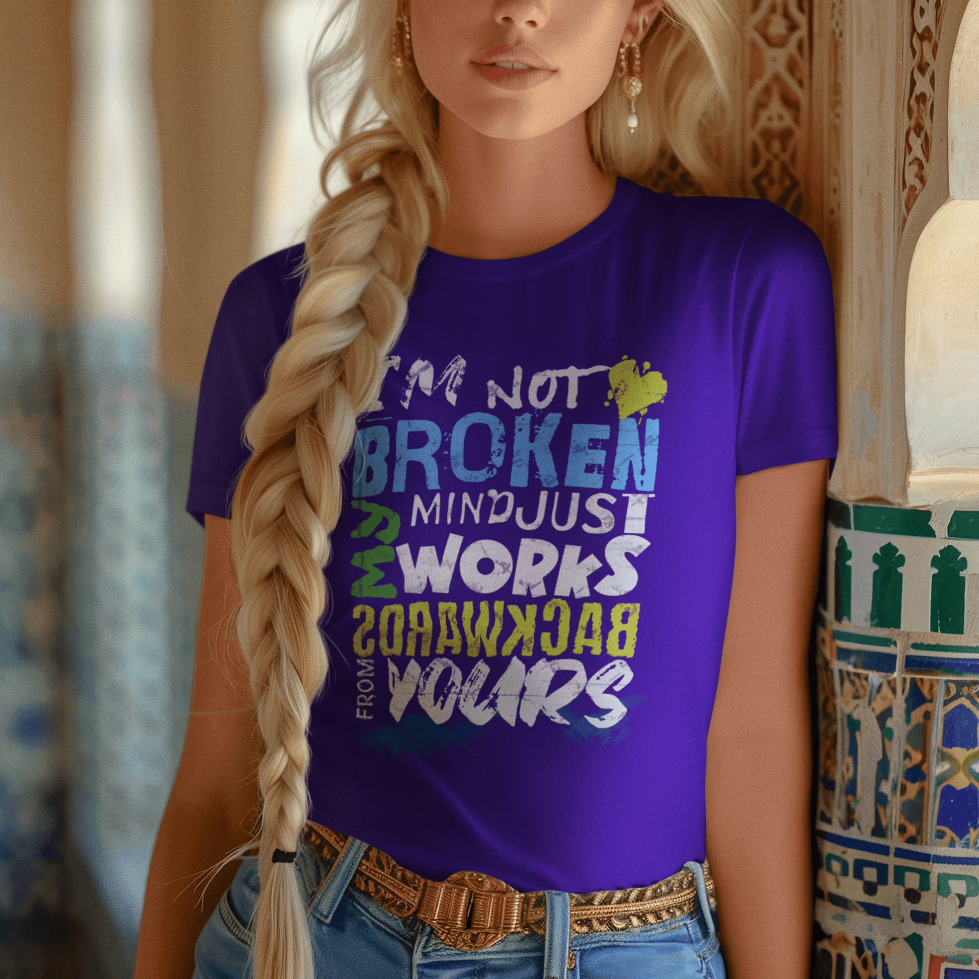 Model wearing unisex typography t-shirt with “I’m Not Broken My Mind Works Backwards From Yours” design, casual softstyle cotton tee by LostLogicCo Canada