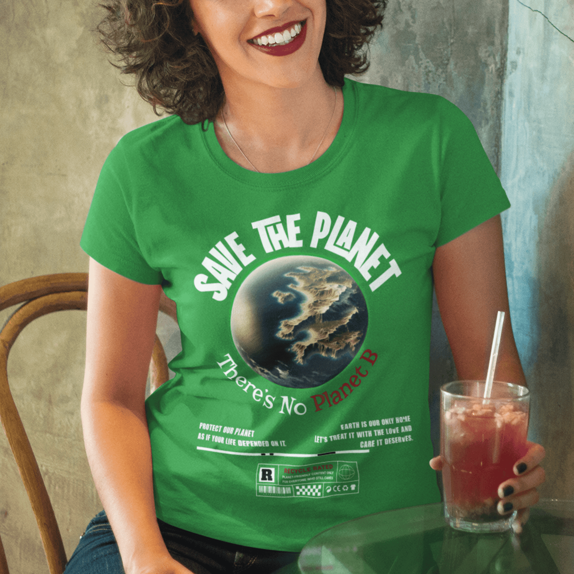 Model wearing “Save The Planet There’s No Planet B” t-shirt with Earth graphic, environmental message tee by LostLogicCo Canada