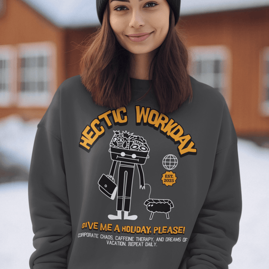 Model wearing grey crewneck sweatshirt featuring Hectic Warden illustration and humorous work-life message, unisex streetwear by LostLogicCo Canada