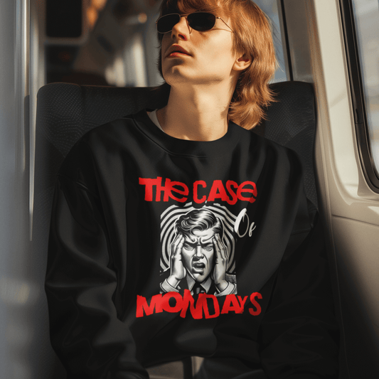 Model wearing black crewneck sweatshirt featuring expressive illustration and “The Case of Mondays” text, unisex streetwear by LostLogicCo Canada