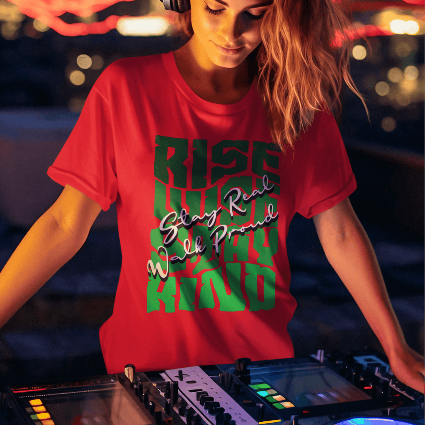 Model wearing unisex motivational t-shirt with “Rise Wise Stay Kind” typography design, casual sports performance tee by LostLogicCo Canada