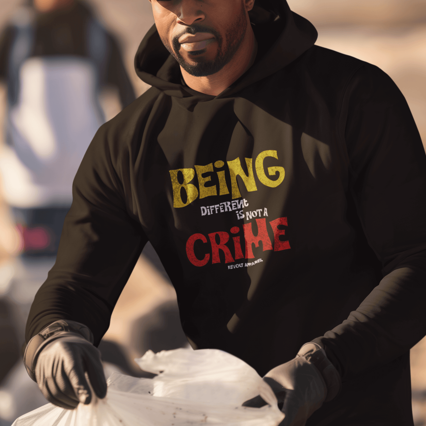 Model wearing black hoodie featuring bold statement graphic “Being Different Is Not a Crime,” unisex motivational streetwear by LostLogicCo Canada