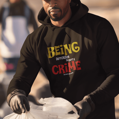 Model wearing black hoodie featuring bold statement graphic “Being Different Is Not a Crime,” unisex motivational streetwear by LostLogicCo Canada