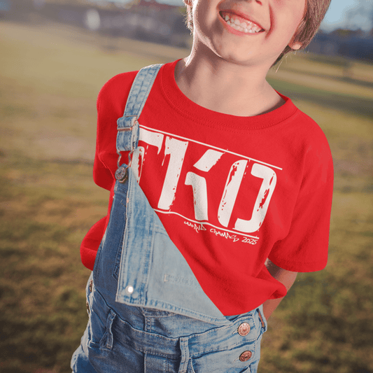 Child wearing youth typography t-shirt with bold “TKO” fight-inspired design, casual sports tee by LostLogicCo Canada