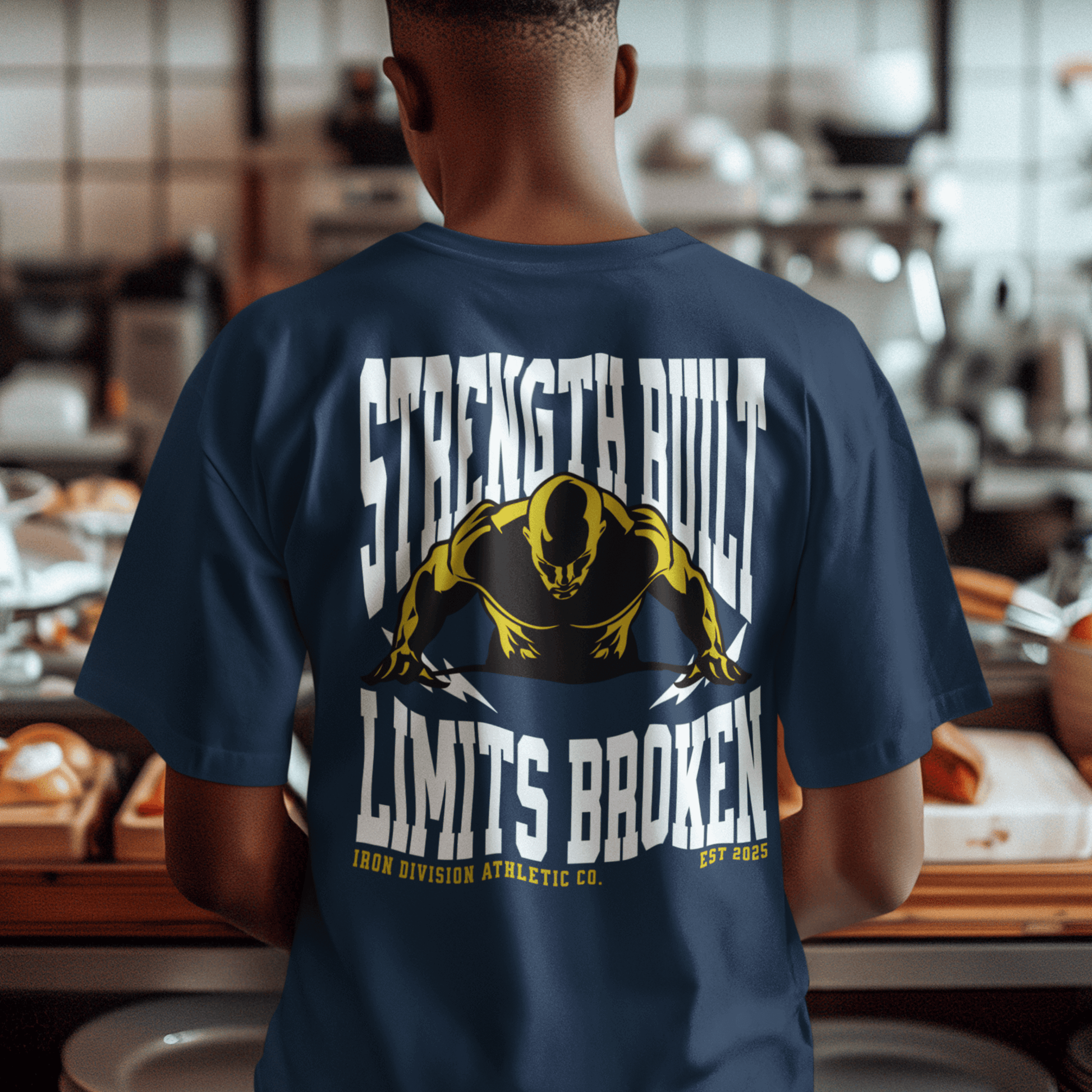 Model showing back design “Strength Built Limits Broken” on black unisex t-shirt, motivational gym tee by LostLogicCo Canada