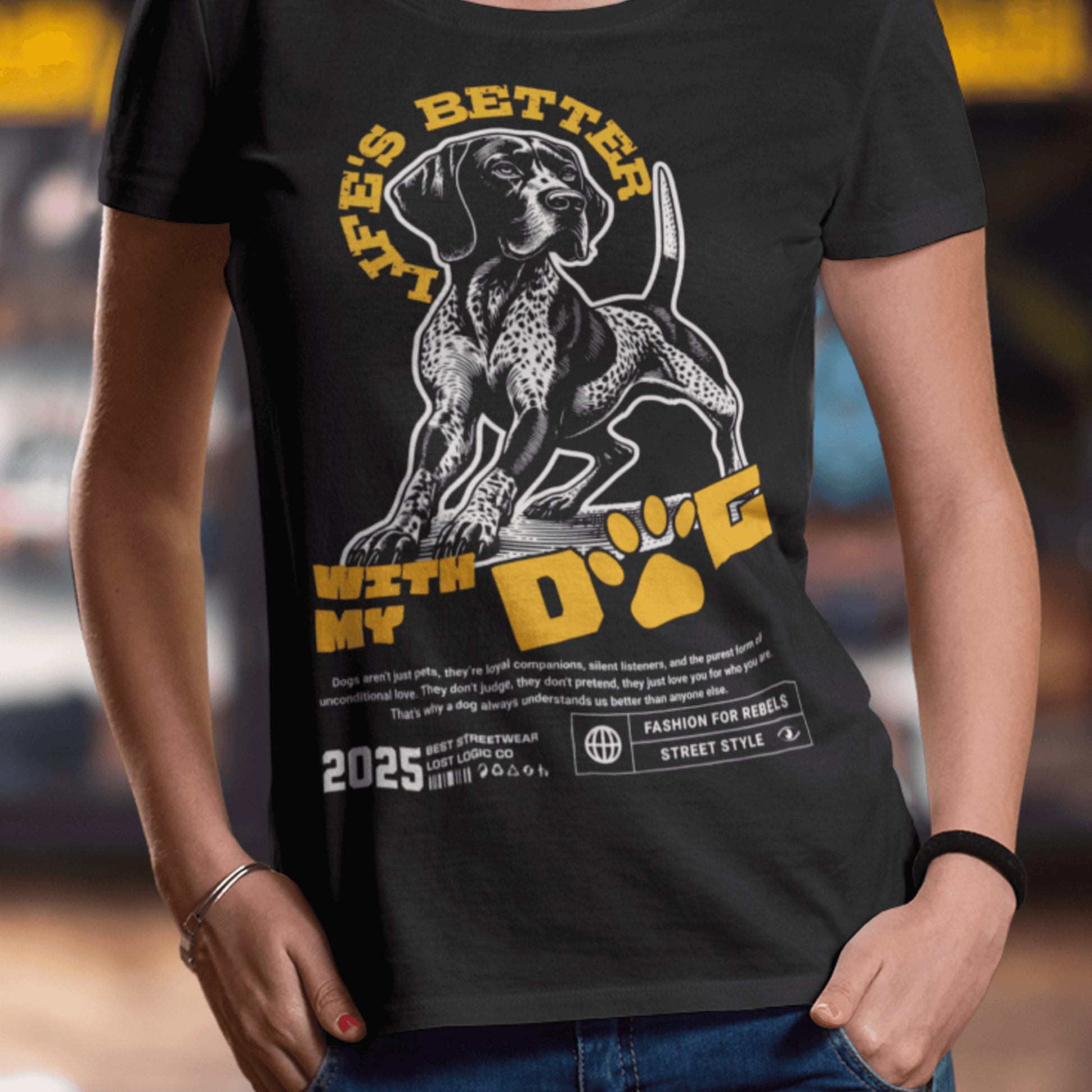 Person wearing “Life’s Better With My Dog” t-shirt, unisex dog lover graphic tee by LostLogicCo Canada