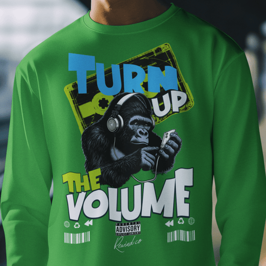 Model wearing unisex music graphic sweatshirt with “Turn Up the Volume” gorilla design, casual crewneck by LostLogicCo Canada