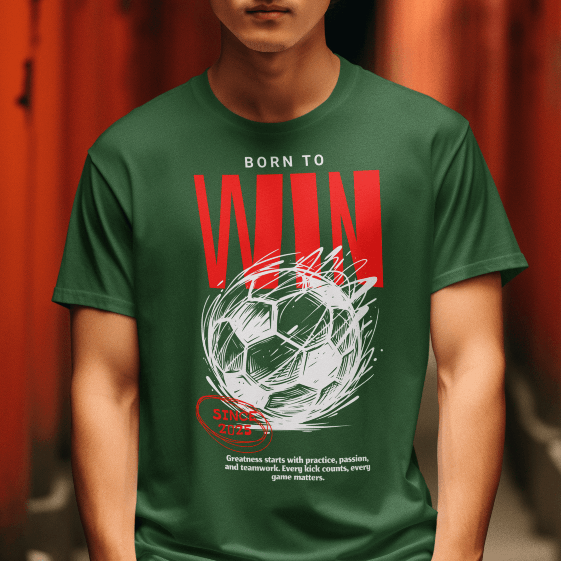 Child wearing “Born to Win” motivational soccer t-shirt, sporty cotton-poly youth tee by LostLogicCo Canada