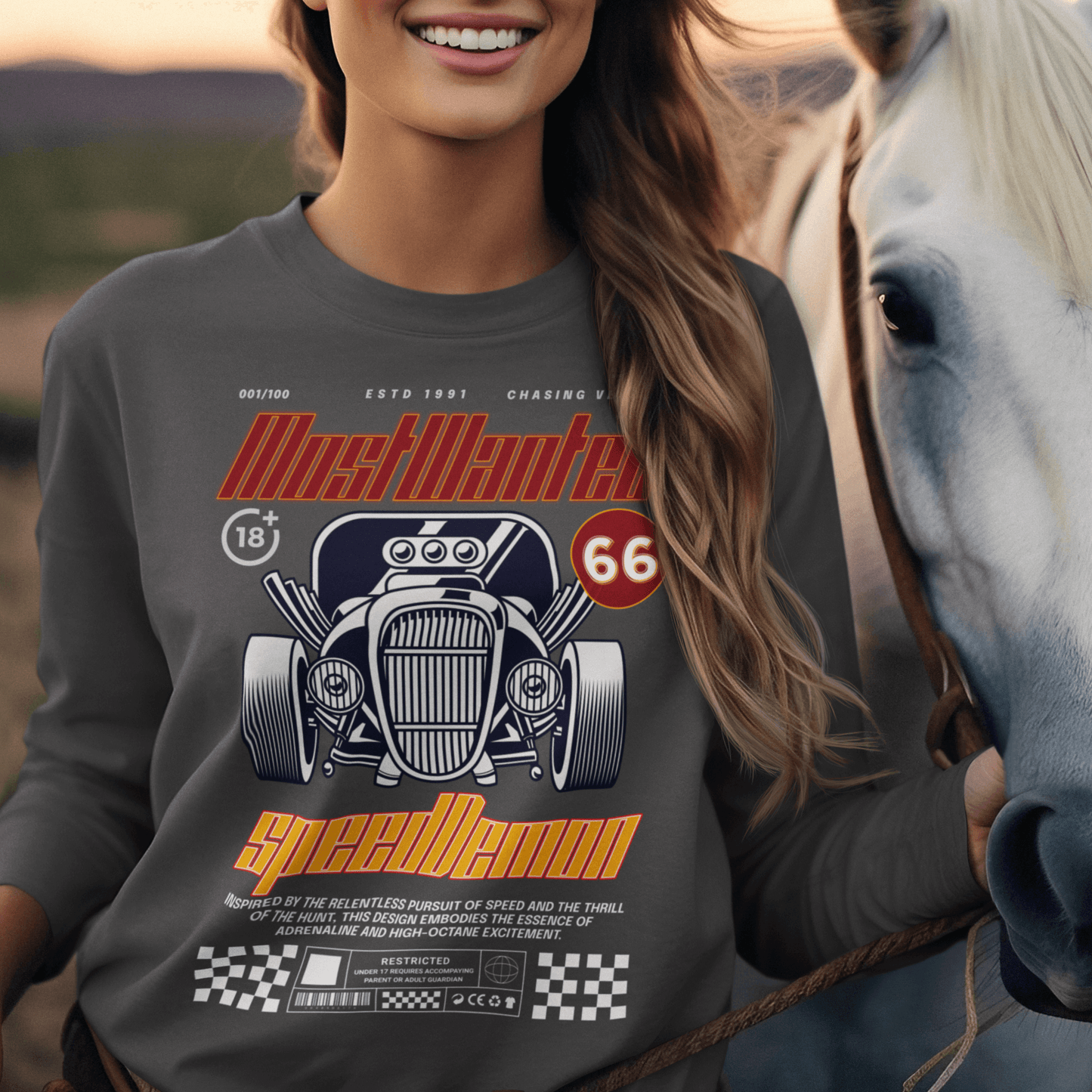 Model wearing unisex “Most Wanted Speed Demon” sweatshirt featuring vintage car and typography design, cozy crewneck by LostLogicCo Canada