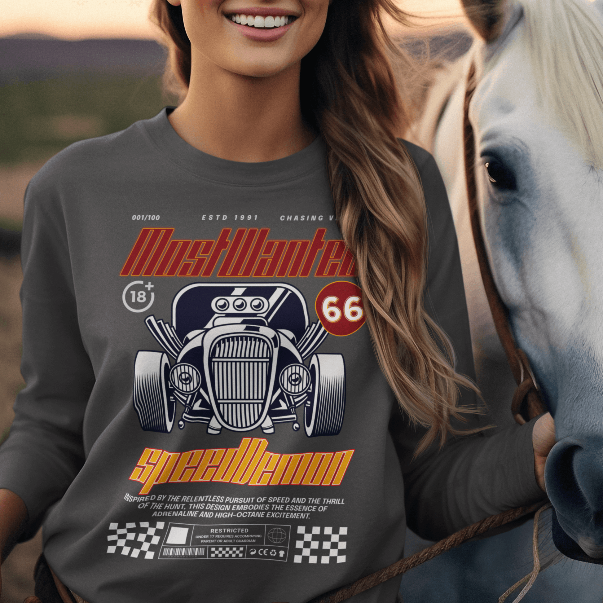 Model wearing unisex “Most Wanted Speed Demon” sweatshirt featuring vintage car and typography design, cozy crewneck by LostLogicCo Canada