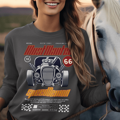 Model wearing unisex “Most Wanted Speed Demon” sweatshirt featuring vintage car and typography design, cozy crewneck by LostLogicCo Canada