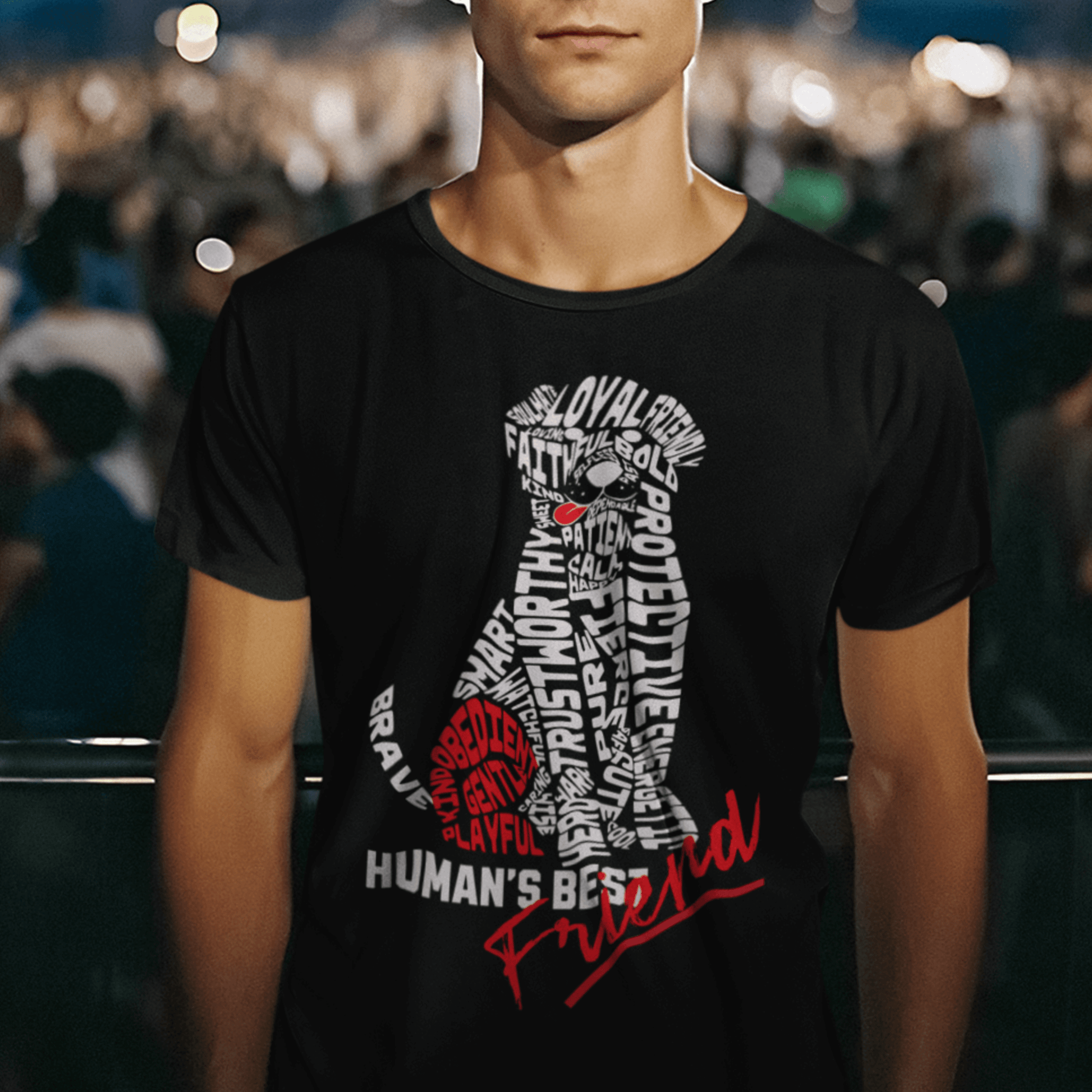Model wearing “Human’s Best Friend” unisex t-shirt with bold typography dog design in red and white, comfortable cotton blend tee by LostLogicCo Canada