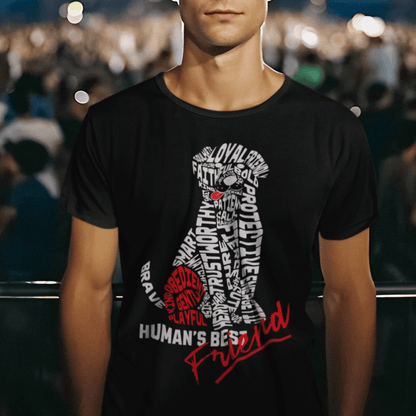 Model wearing “Human’s Best Friend” unisex t-shirt with bold typography dog design in red and white, comfortable cotton blend tee by LostLogicCo Canada