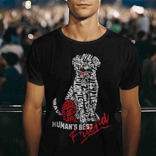 Model wearing “Human’s Best Friend” unisex t-shirt with bold typography dog design in red and white, comfortable cotton blend tee by LostLogicCo Canada
