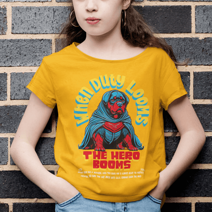 Child wearing youth “When Duty Looms” superhero dog graphic t-shirt, casual sports tee by LostLogicCo Canada