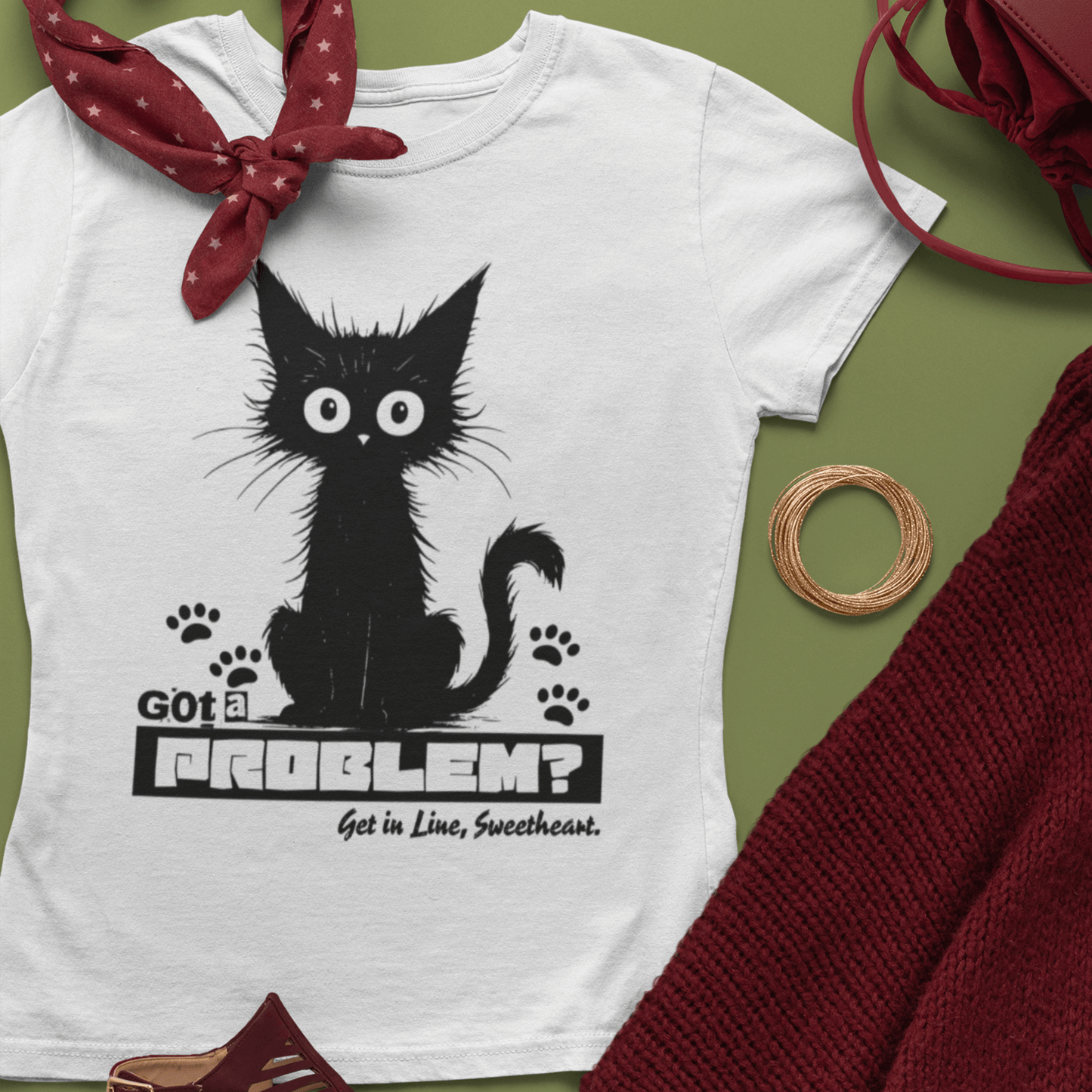 Model wearing unisex cat graphic t-shirt, casual short sleeve cotton tee by LostLogicCo Canada