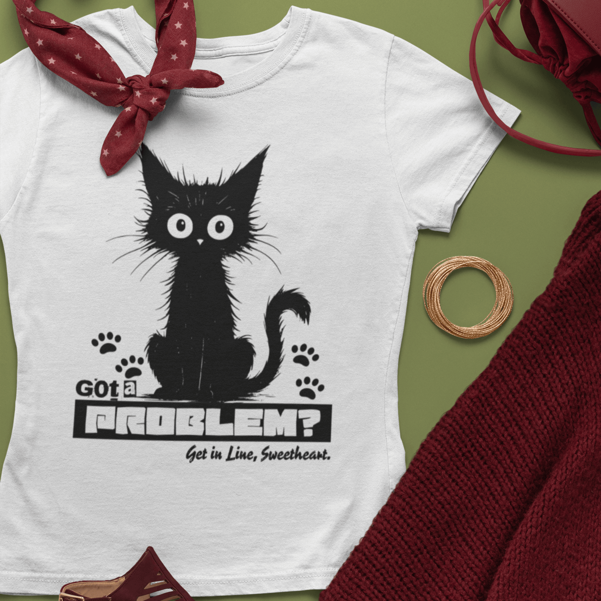 Model wearing unisex cat graphic t-shirt, casual short sleeve cotton tee by LostLogicCo Canada