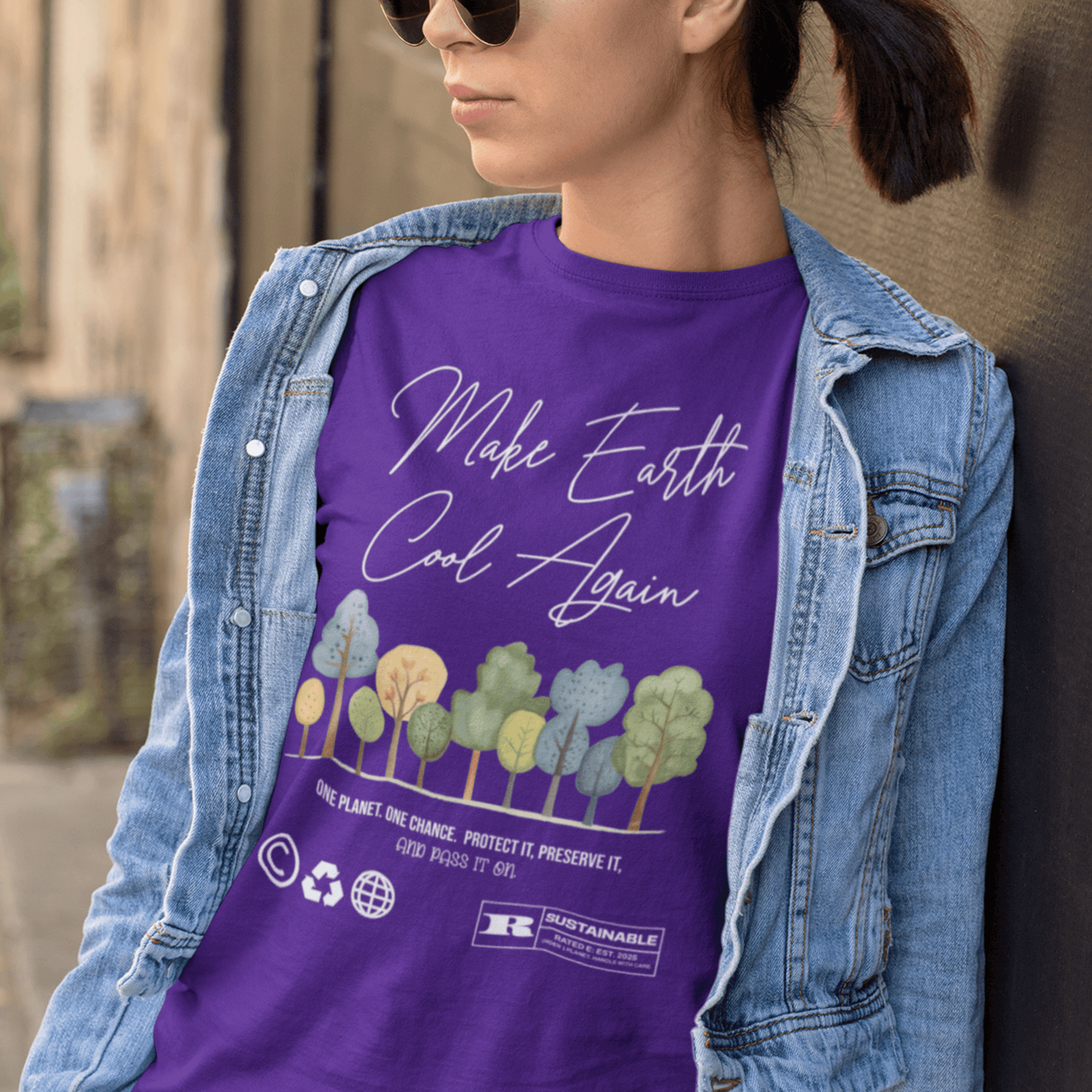 Model wearing “Make Earth Cool Again” unisex t-shirt featuring tree artwork and environmental message, soft cotton tee by LostLogicCo Canada