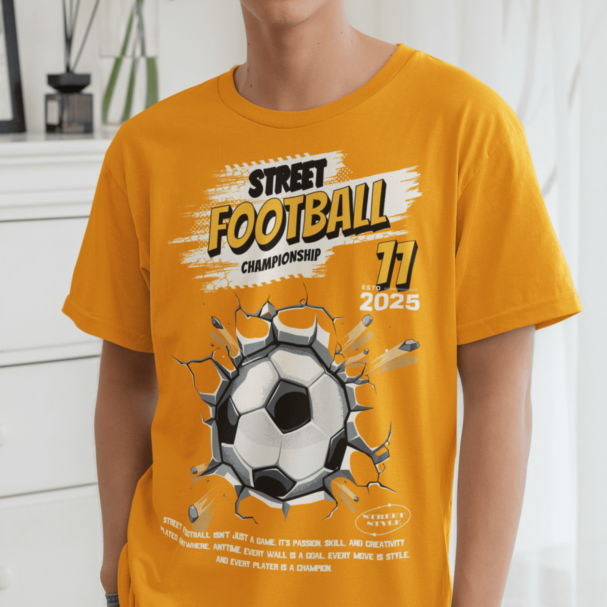 Child wearing “Street Football Championship” kids soccer t-shirt, sporty cotton-poly youth tee by LostLogicCo Canada