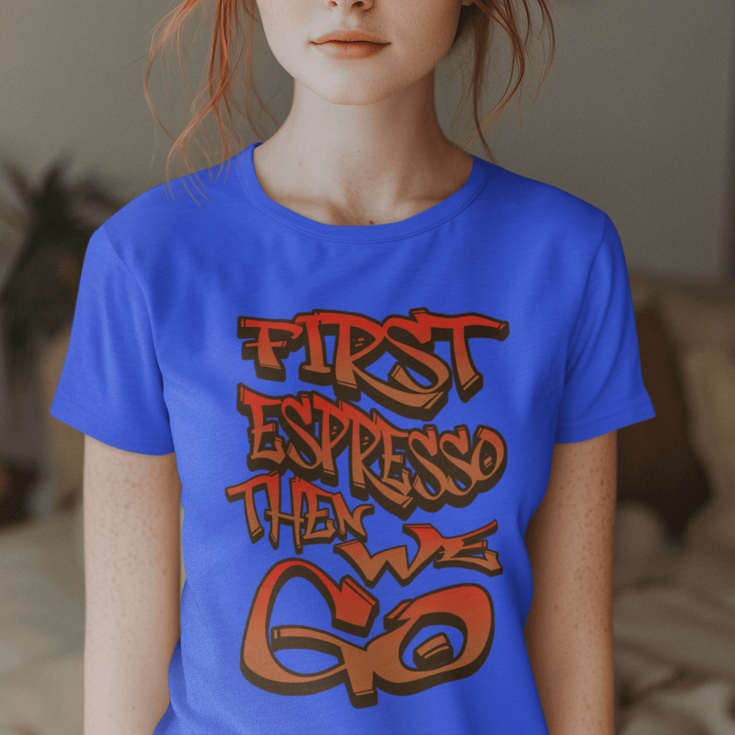 Model wearing “First Espresso Then We Go” graffiti typography coffee t-shirt, casual unisex cotton tee by LostLogicCo Canada