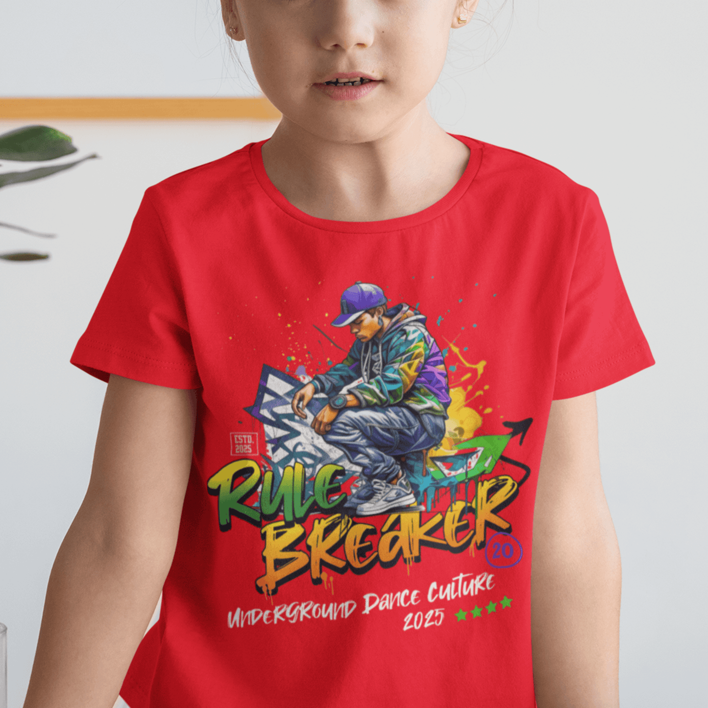 Child wearing “Rule Breaker” graffiti-style streetwear t-shirt, casual sports youth tee by LostLogicCo Canada