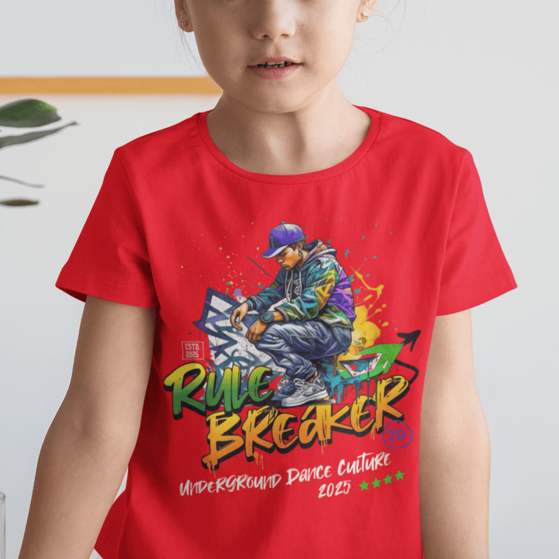 Child wearing “Rule Breaker” graffiti-style streetwear t-shirt, casual sports youth tee by LostLogicCo Canada