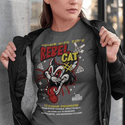 Person wearing “Rebel Cat” t-shirt featuring wild cartoon feline graphic, unisex soft cotton streetwear tee by LostLogicCo Canada