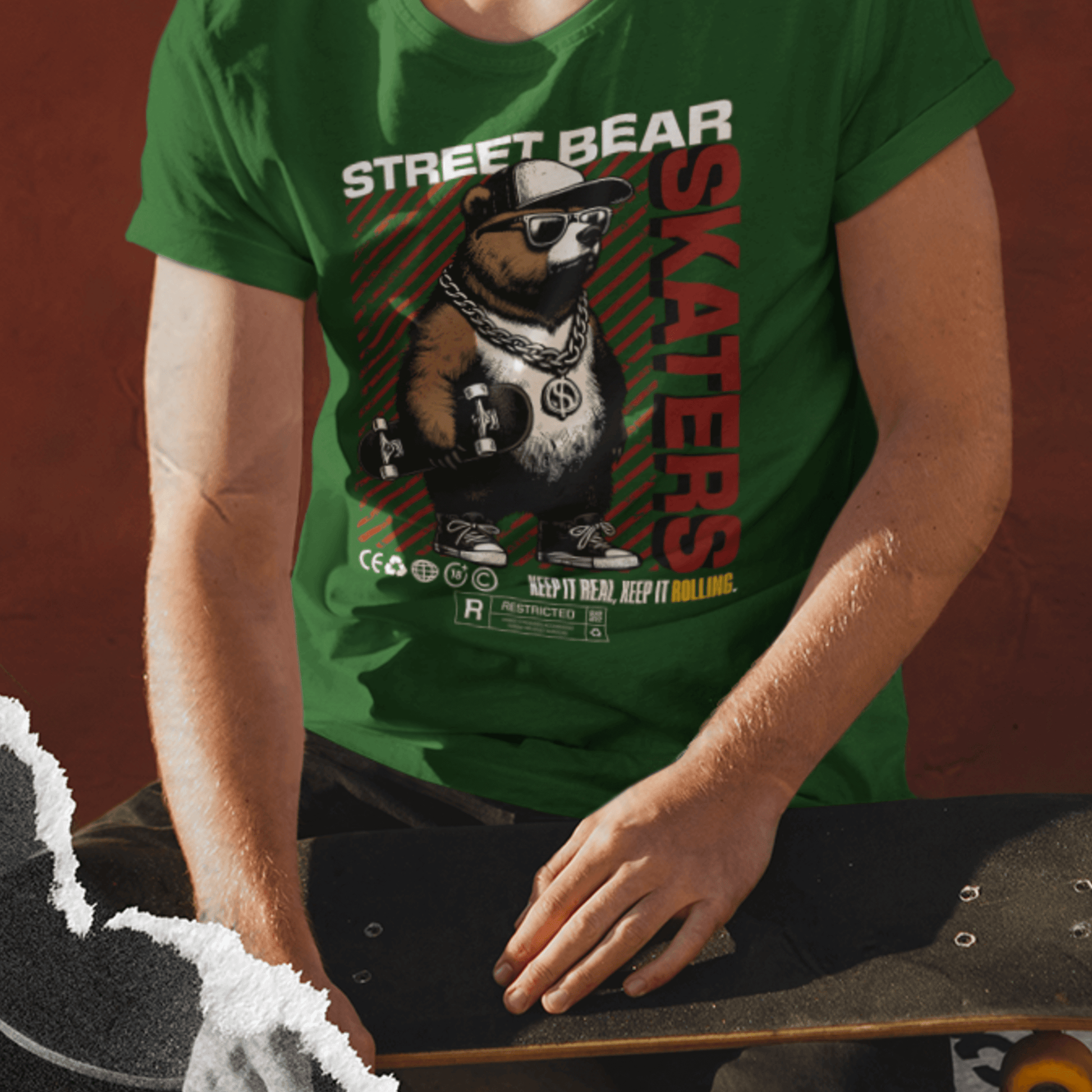 Model wearing “Street Bear Skaters” unisex t-shirt featuring stylish bear illustration and bold red design, streetwear tee by LostLogicCo Canada
